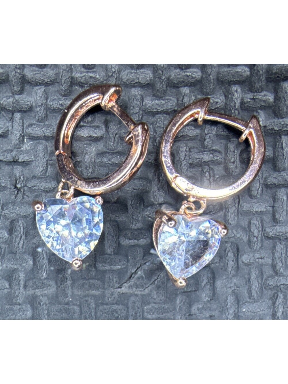 Vintage Rose Goldtone Hoops Heart Shaped Clear Gemstone Pierced Earrings